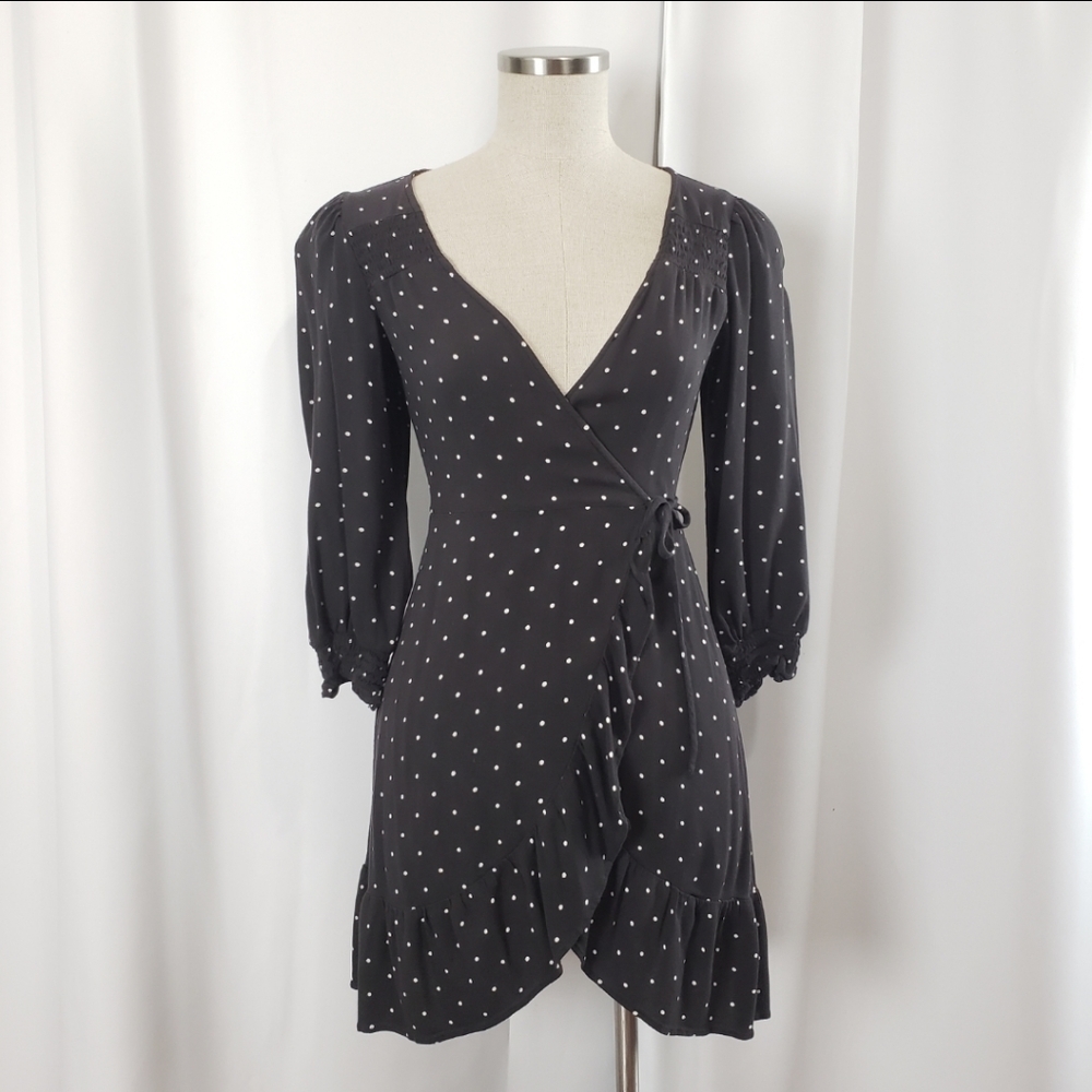 American Eagle Black Polka Dot Wrap V-Neck Mini Ruffle Dress XS